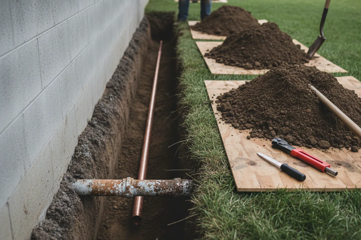 Excavated water line trench during Water Softener Installation in West Grove